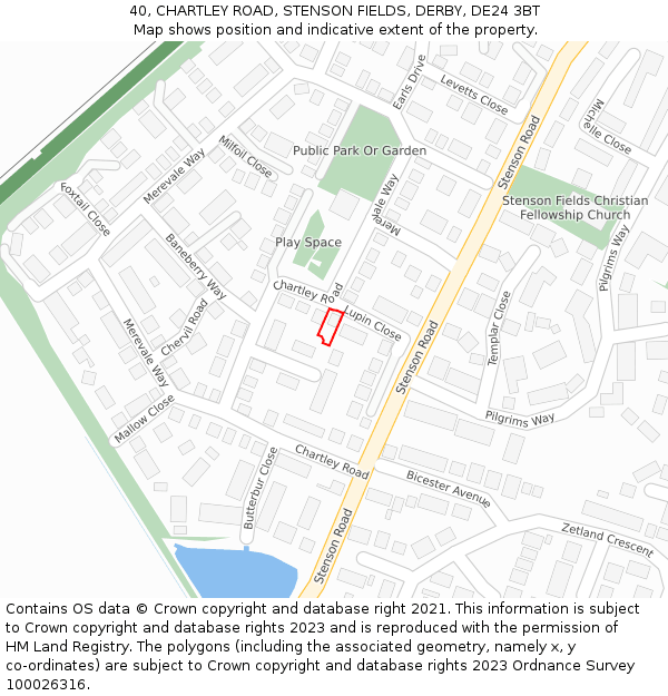 40, CHARTLEY ROAD, STENSON FIELDS, DERBY, DE24 3BT: Location map and indicative extent of plot
