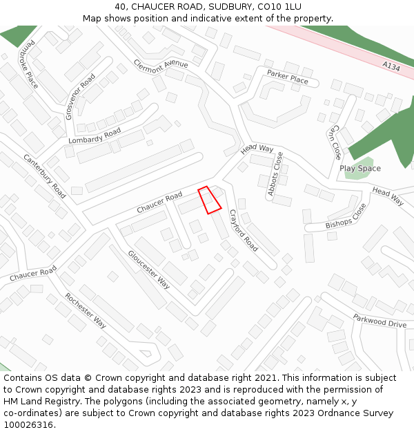 40, CHAUCER ROAD, SUDBURY, CO10 1LU: Location map and indicative extent of plot