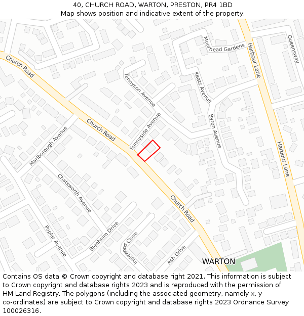 40, CHURCH ROAD, WARTON, PRESTON, PR4 1BD: Location map and indicative extent of plot
