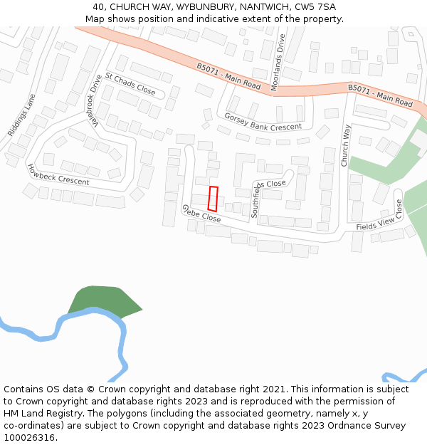 40, CHURCH WAY, WYBUNBURY, NANTWICH, CW5 7SA: Location map and indicative extent of plot