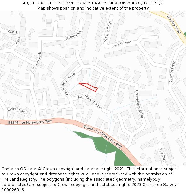 40, CHURCHFIELDS DRIVE, BOVEY TRACEY, NEWTON ABBOT, TQ13 9QU: Location map and indicative extent of plot