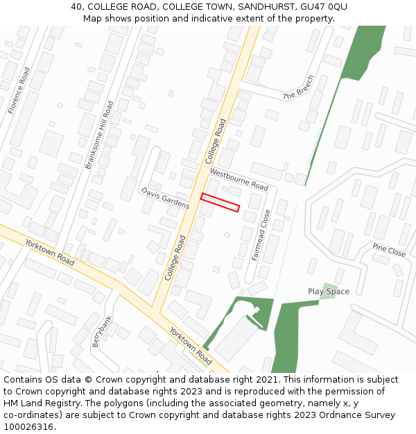 40, COLLEGE ROAD, COLLEGE TOWN, SANDHURST, GU47 0QU: Location map and indicative extent of plot