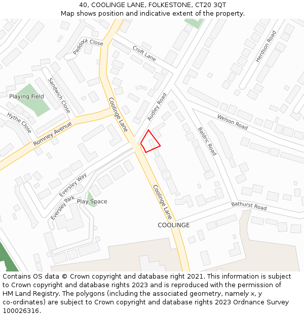 40, COOLINGE LANE, FOLKESTONE, CT20 3QT: Location map and indicative extent of plot