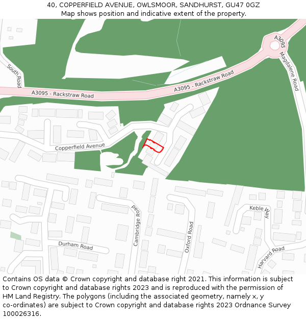 40, COPPERFIELD AVENUE, OWLSMOOR, SANDHURST, GU47 0GZ: Location map and indicative extent of plot