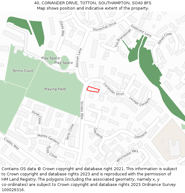 40, CORIANDER DRIVE, TOTTON, SOUTHAMPTON, SO40 8FS: Location map and indicative extent of plot