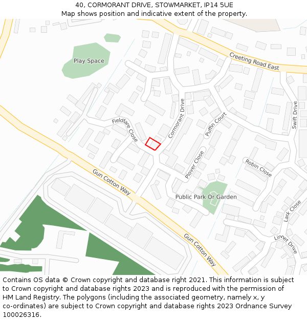 40, CORMORANT DRIVE, STOWMARKET, IP14 5UE: Location map and indicative extent of plot