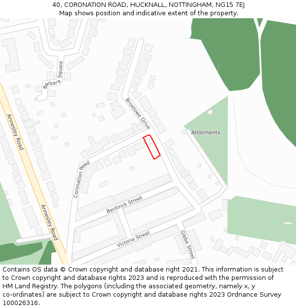 40, CORONATION ROAD, HUCKNALL, NOTTINGHAM, NG15 7EJ: Location map and indicative extent of plot