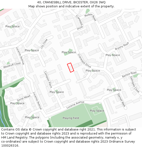 40, CRANESBILL DRIVE, BICESTER, OX26 3WQ: Location map and indicative extent of plot