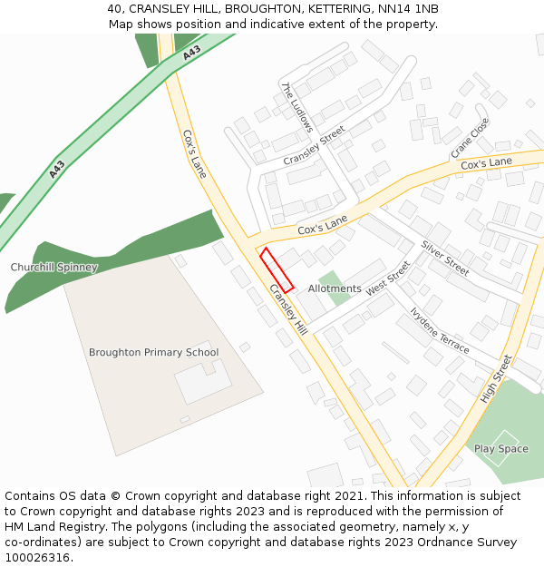40, CRANSLEY HILL, BROUGHTON, KETTERING, NN14 1NB: Location map and indicative extent of plot