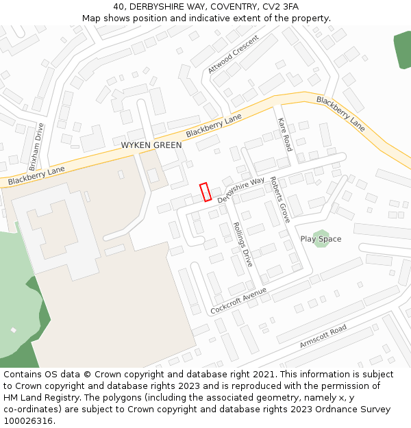 40, DERBYSHIRE WAY, COVENTRY, CV2 3FA: Location map and indicative extent of plot