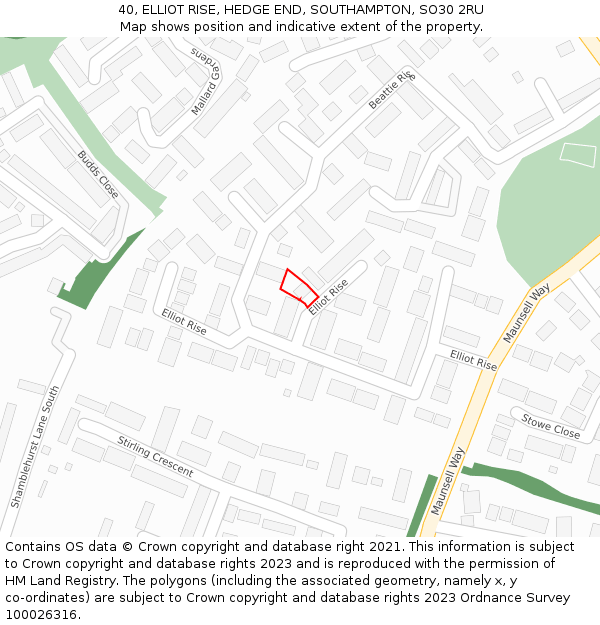 40, ELLIOT RISE, HEDGE END, SOUTHAMPTON, SO30 2RU: Location map and indicative extent of plot