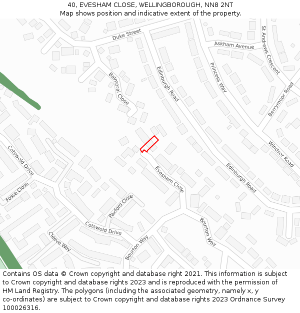 40, EVESHAM CLOSE, WELLINGBOROUGH, NN8 2NT: Location map and indicative extent of plot