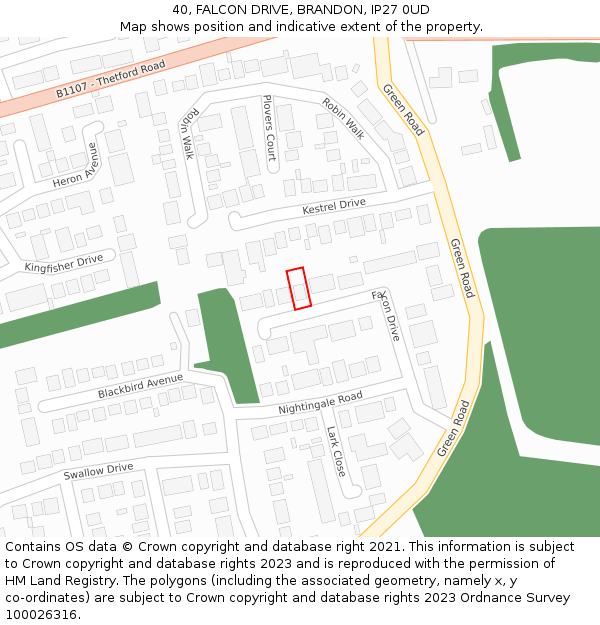 40, FALCON DRIVE, BRANDON, IP27 0UD: Location map and indicative extent of plot