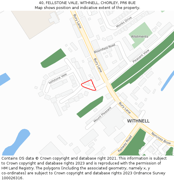 40, FELLSTONE VALE, WITHNELL, CHORLEY, PR6 8UE: Location map and indicative extent of plot