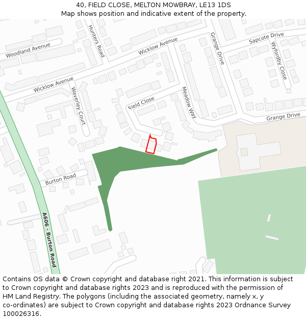 40, FIELD CLOSE, MELTON MOWBRAY, LE13 1DS: Location map and indicative extent of plot
