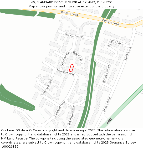 40, FLAMBARD DRIVE, BISHOP AUCKLAND, DL14 7GG: Location map and indicative extent of plot