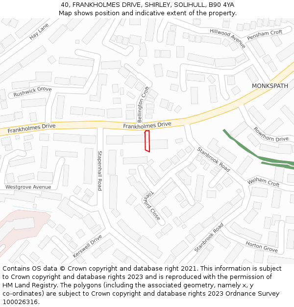 40, FRANKHOLMES DRIVE, SHIRLEY, SOLIHULL, B90 4YA: Location map and indicative extent of plot