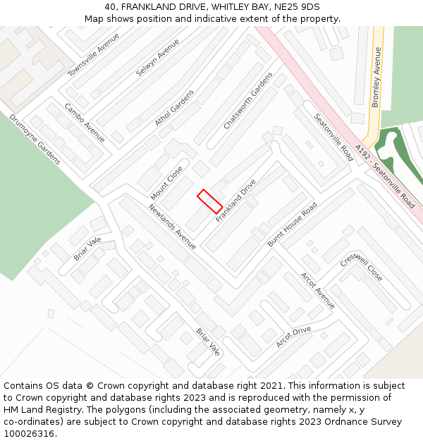 40, FRANKLAND DRIVE, WHITLEY BAY, NE25 9DS: Location map and indicative extent of plot