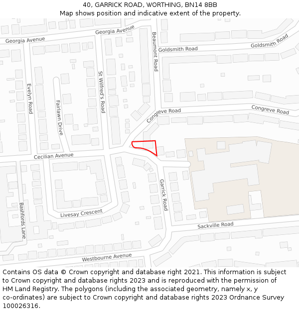 40, GARRICK ROAD, WORTHING, BN14 8BB: Location map and indicative extent of plot