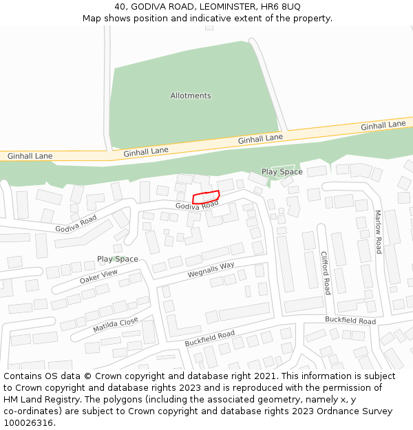 40, GODIVA ROAD, LEOMINSTER, HR6 8UQ: Location map and indicative extent of plot