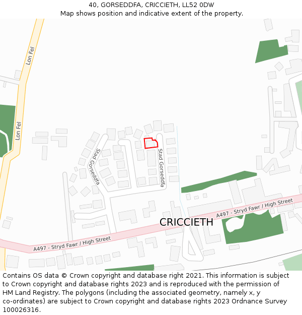 40, GORSEDDFA, CRICCIETH, LL52 0DW: Location map and indicative extent of plot