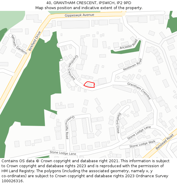 40, GRANTHAM CRESCENT, IPSWICH, IP2 9PD: Location map and indicative extent of plot