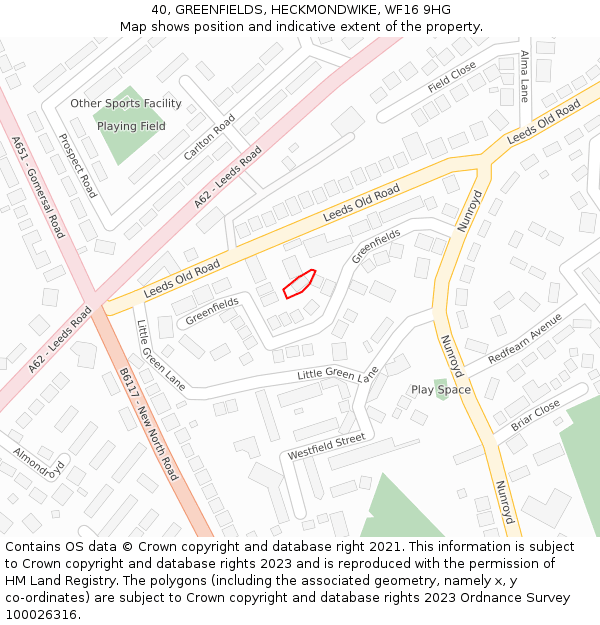 40, GREENFIELDS, HECKMONDWIKE, WF16 9HG: Location map and indicative extent of plot