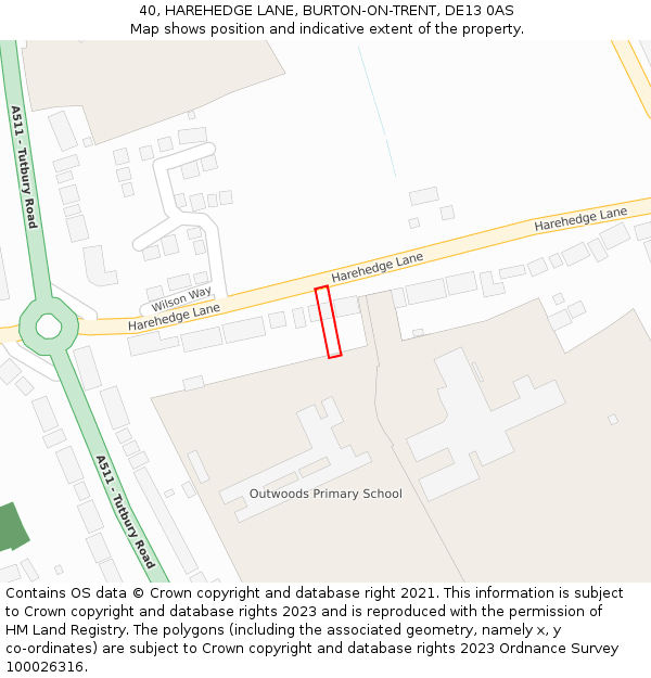 40, HAREHEDGE LANE, BURTON-ON-TRENT, DE13 0AS: Location map and indicative extent of plot