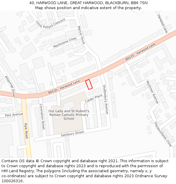 40, HARWOOD LANE, GREAT HARWOOD, BLACKBURN, BB6 7SN: Location map and indicative extent of plot