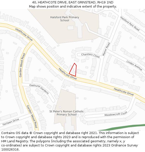 40, HEATHCOTE DRIVE, EAST GRINSTEAD, RH19 1ND: Location map and indicative extent of plot