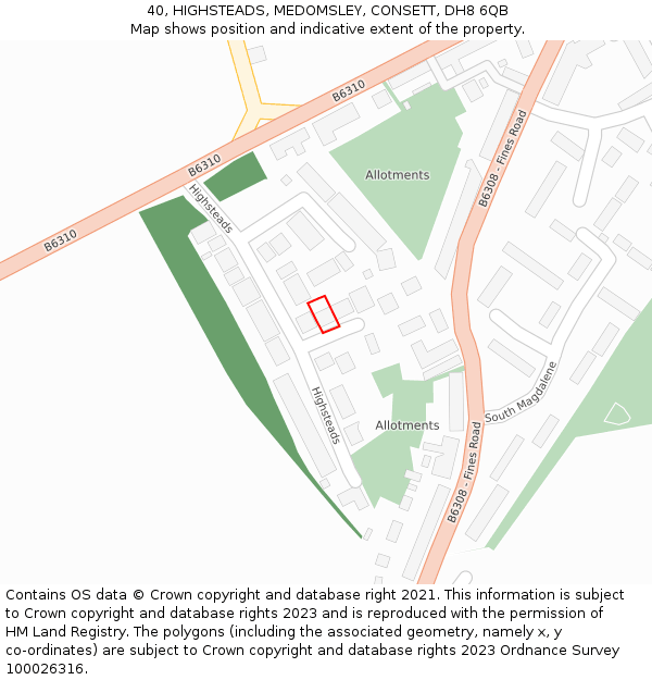 40, HIGHSTEADS, MEDOMSLEY, CONSETT, DH8 6QB: Location map and indicative extent of plot