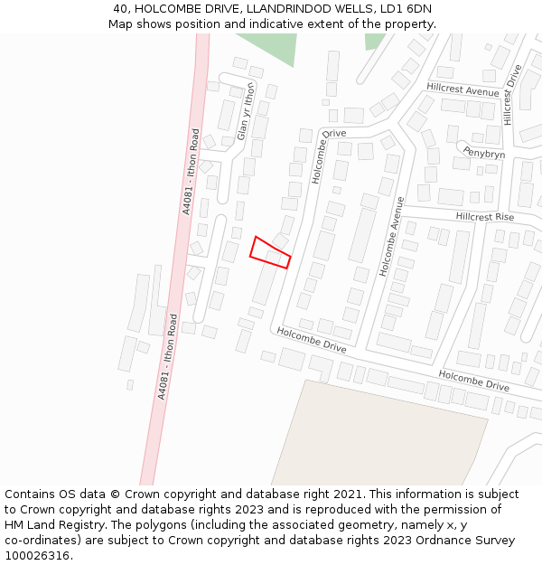 40, HOLCOMBE DRIVE, LLANDRINDOD WELLS, LD1 6DN: Location map and indicative extent of plot