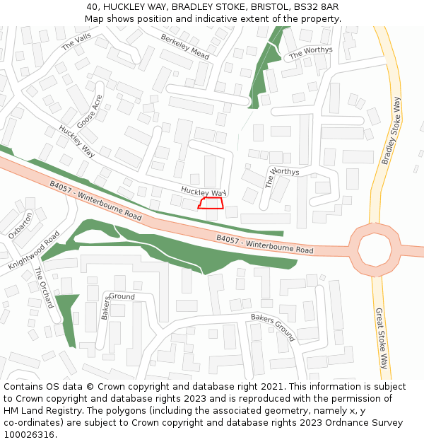 40, HUCKLEY WAY, BRADLEY STOKE, BRISTOL, BS32 8AR: Location map and indicative extent of plot