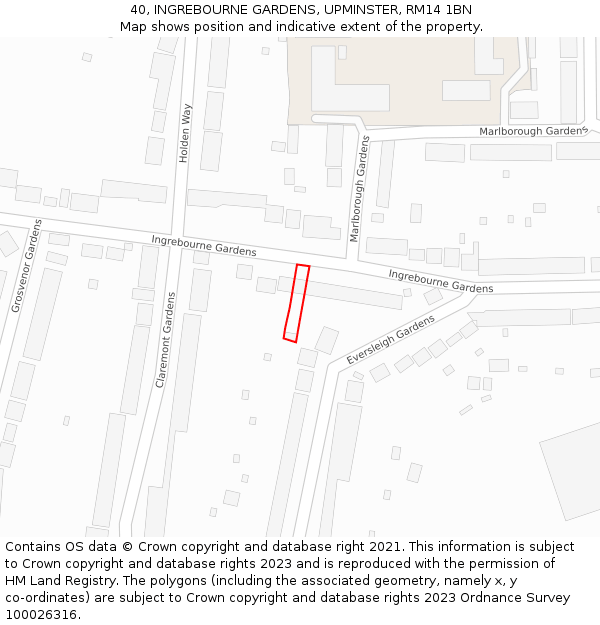 40, INGREBOURNE GARDENS, UPMINSTER, RM14 1BN: Location map and indicative extent of plot