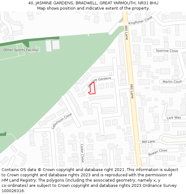 40, JASMINE GARDENS, BRADWELL, GREAT YARMOUTH, NR31 8HU: Location map and indicative extent of plot