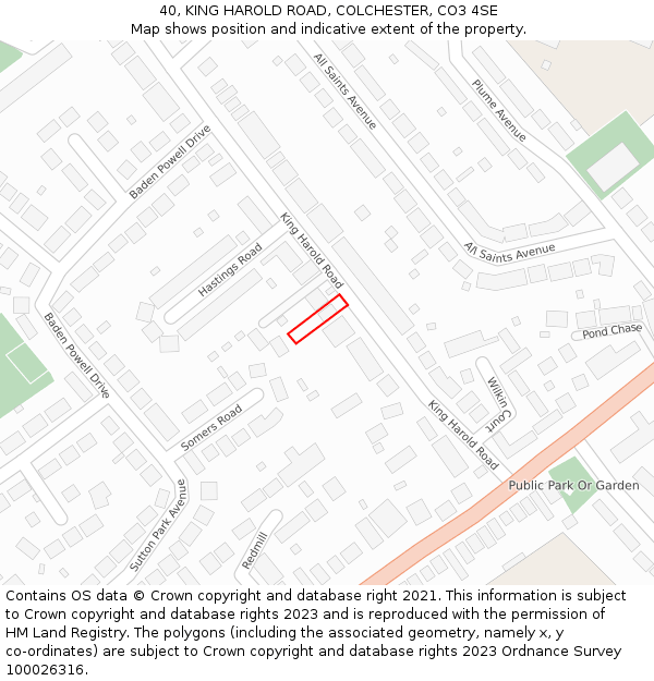 40, KING HAROLD ROAD, COLCHESTER, CO3 4SE: Location map and indicative extent of plot