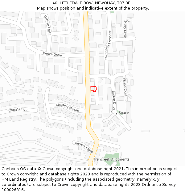 40, LITTLEDALE ROW, NEWQUAY, TR7 3EU: Location map and indicative extent of plot