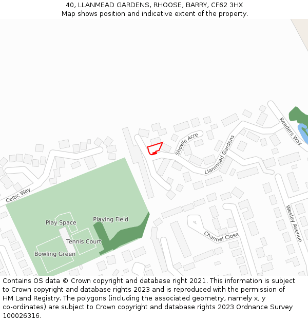 40, LLANMEAD GARDENS, RHOOSE, BARRY, CF62 3HX: Location map and indicative extent of plot