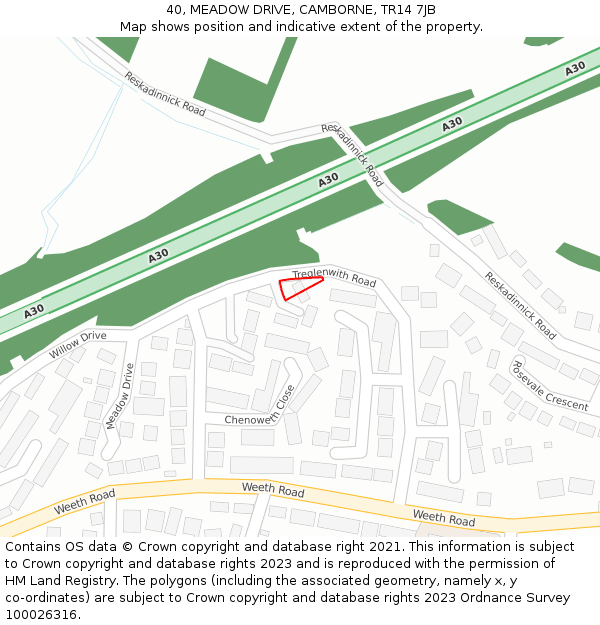 40, MEADOW DRIVE, CAMBORNE, TR14 7JB: Location map and indicative extent of plot