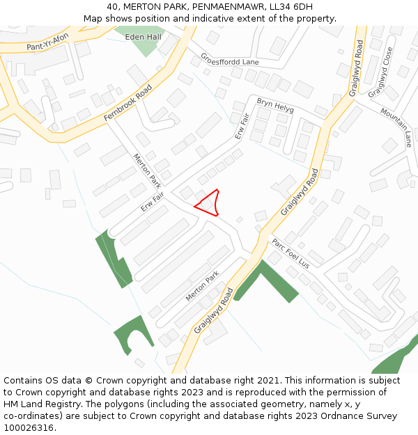 40, MERTON PARK, PENMAENMAWR, LL34 6DH: Location map and indicative extent of plot