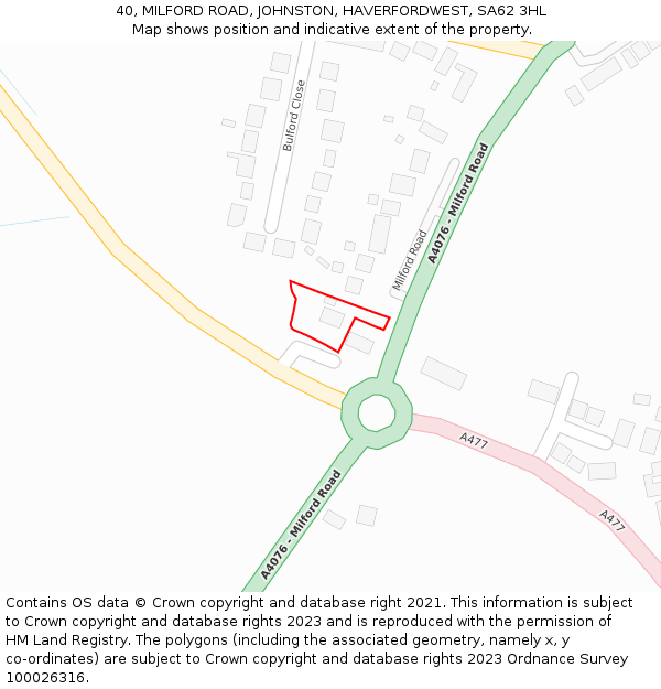 40, MILFORD ROAD, JOHNSTON, HAVERFORDWEST, SA62 3HL: Location map and indicative extent of plot