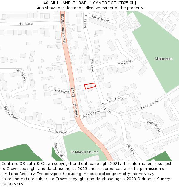 40, MILL LANE, BURWELL, CAMBRIDGE, CB25 0HJ: Location map and indicative extent of plot