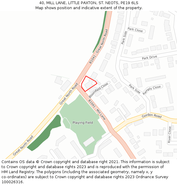 40, MILL LANE, LITTLE PAXTON, ST. NEOTS, PE19 6LS: Location map and indicative extent of plot