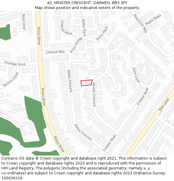40, MINSTER CRESCENT, DARWEN, BB3 3PY: Location map and indicative extent of plot