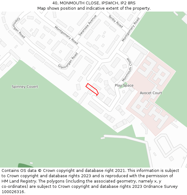 40, MONMOUTH CLOSE, IPSWICH, IP2 8RS: Location map and indicative extent of plot