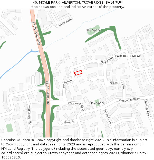 40, MOYLE PARK, HILPERTON, TROWBRIDGE, BA14 7UF: Location map and indicative extent of plot