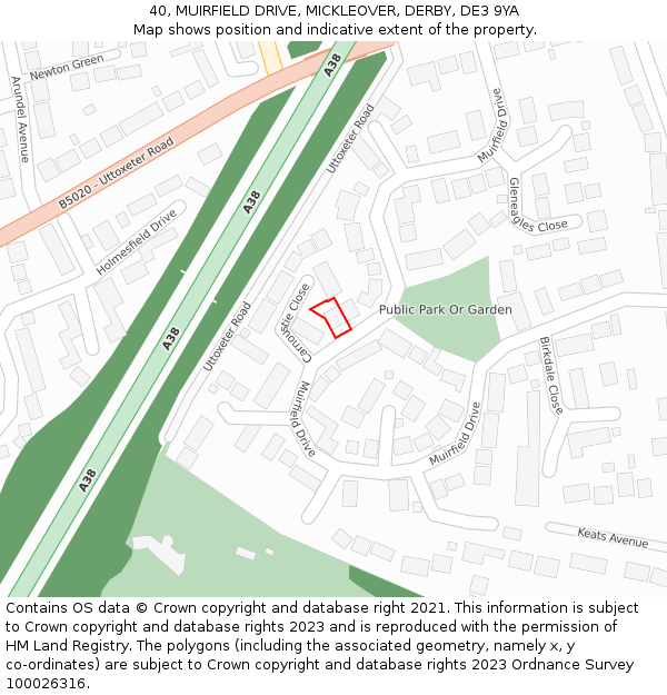 40, MUIRFIELD DRIVE, MICKLEOVER, DERBY, DE3 9YA: Location map and indicative extent of plot