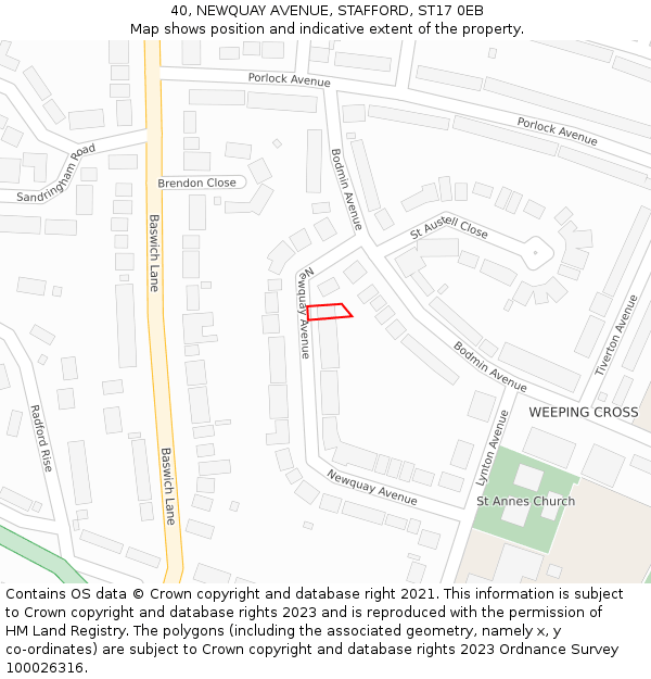 40, NEWQUAY AVENUE, STAFFORD, ST17 0EB: Location map and indicative extent of plot