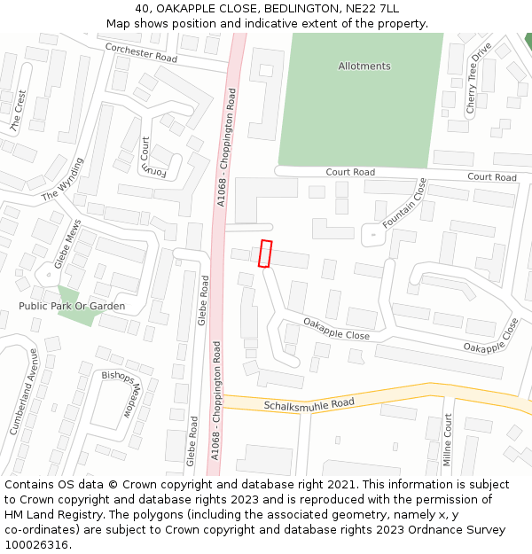 40, OAKAPPLE CLOSE, BEDLINGTON, NE22 7LL: Location map and indicative extent of plot