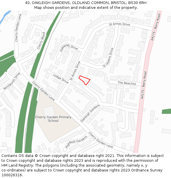 40, OAKLEIGH GARDENS, OLDLAND COMMON, BRISTOL, BS30 6RH: Location map and indicative extent of plot